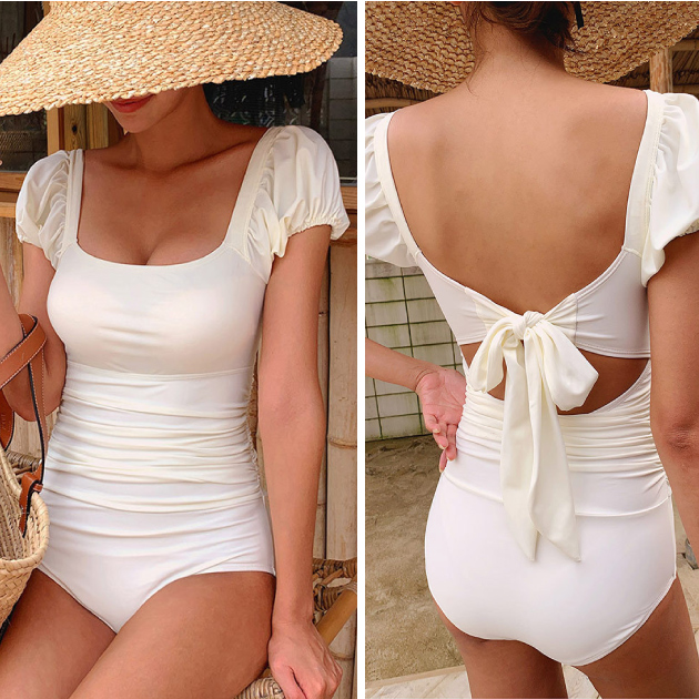 U領泡泡袖抓皺後綁結美背連身泳衣