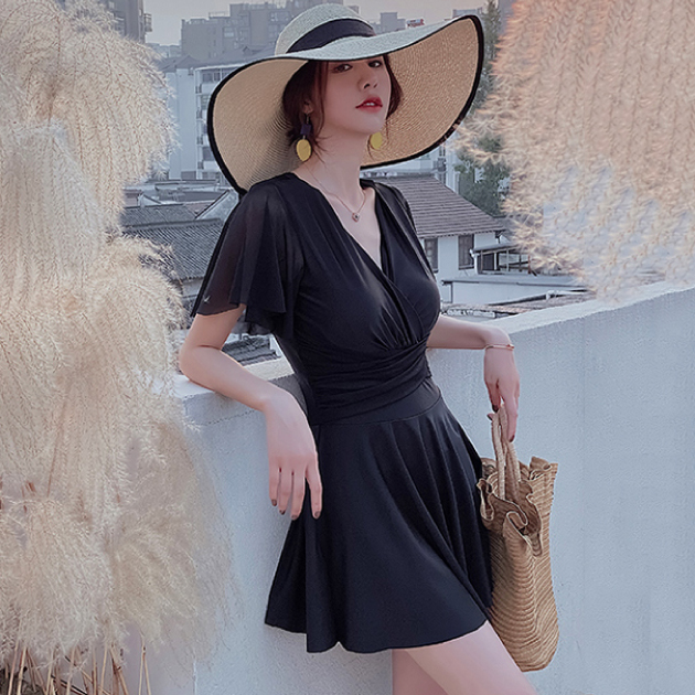 短袖交叉網紗美背連身泳衣